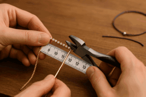 Juvelyras matuoja ir trumpina deimantinę auksinę tennis apyrankę nemokamas ilgio sutrumpinimui