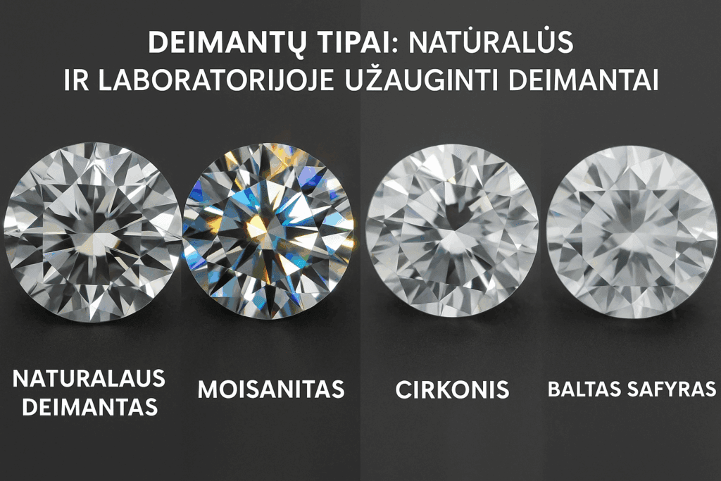 natūralaus deimanto, moisanito, cirkonio ir baltojo safyro – blizgesio palyginimas