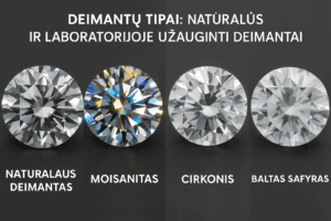 natūralaus deimanto, moisanito, cirkonio ir baltojo safyro – blizgesio palyginimas