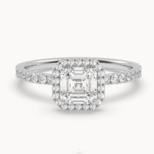 Auksinis žiedas su kvadratinės formos deimantu nukirstais kampais ir halo juostele - asscher cut