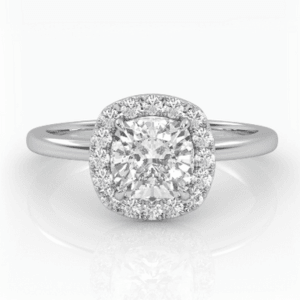 Auksinis žiedas su pagalvėlės formos deimantu ir halo juostele - cushion cut