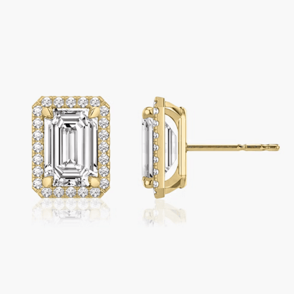 Auskarai su deimantais ir halo juostele iš geltono aukso - Emerald deimantai