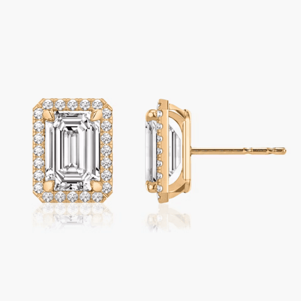 Auskarai su deimantais ir halo juostele iš raudono aukso - Emerald deimantai