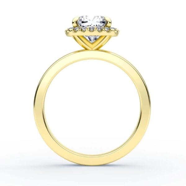 Klasikinis sužadėtuvių žiedas su deimantu ir halo juostele iš geltono aukso - cushion cut