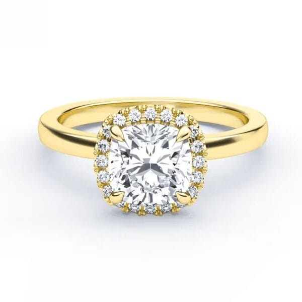 Klasikinis sužadėtuvių žiedas su deimantu ir halo juostele iš geltono aukso - cushion cut