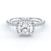 Modern engagement ring with diamonds and halo band in white gold or platinum - cushion cut