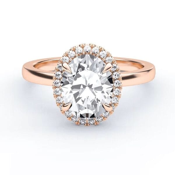 Klasikinis sužadėtuvių žiedas su deimantu ir halo juostele iš raudono aukso - oval cut