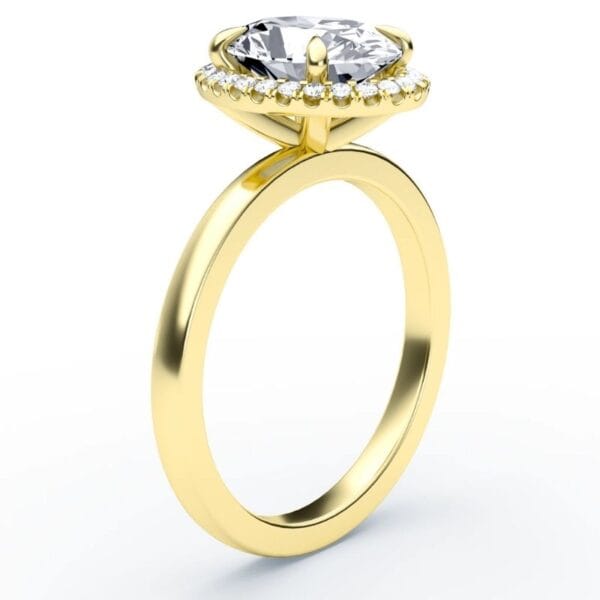 Klasikinis sužadėtuvių žiedas su deimantu ir halo juostele iš geltono aukso - oval cut