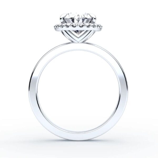 Klasikinis sužadėtuvių žiedas su deimantu ir halo juostele iš balto aukso arba platinos - oval cut