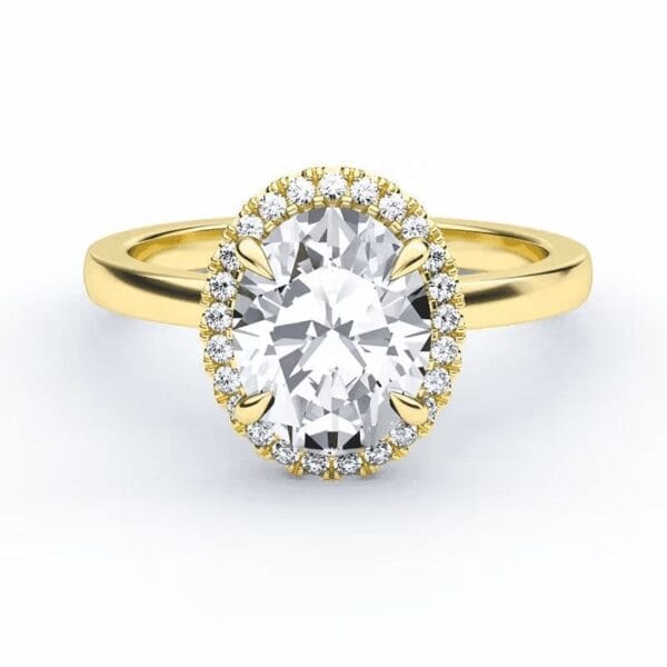 Klasikinis sužadėtuvių žiedas su deimantu ir halo juostele iš geltono aukso - oval cut