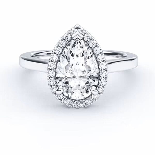 Modernus sužadėtuvių žiedas su deimantu ir halo juostele iš balto aukso arba platinos - pear cut