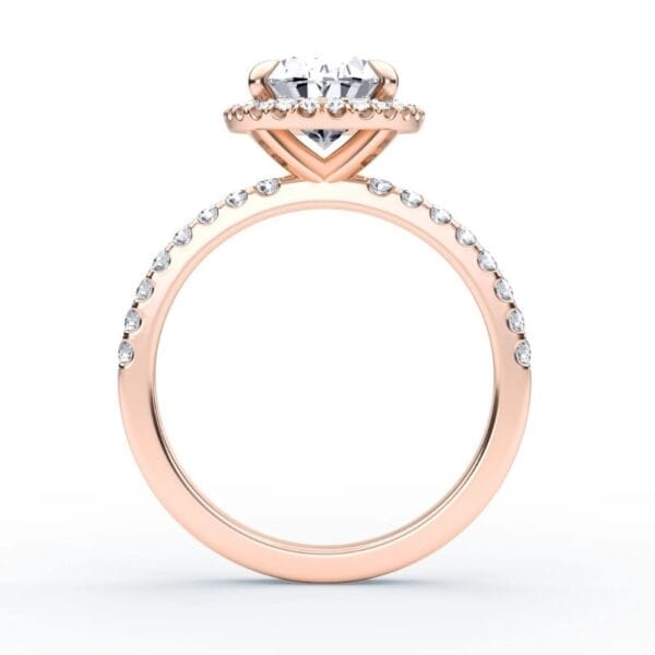 Modernus sužadėtuvių žiedas su deimantais ir halo juostele iš raudono aukso - oval cut