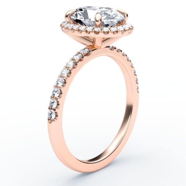 Modernus sužadėtuvių žiedas su deimantais ir halo juostele iš raudono aukso - oval cut