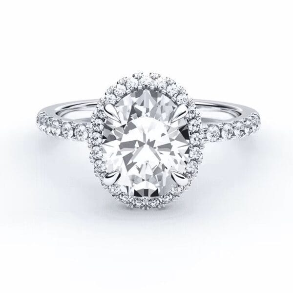 Modernus sužadėtuvių žiedas su deimantais ir halo juostele iš balto aukso arba platinos - oval cut