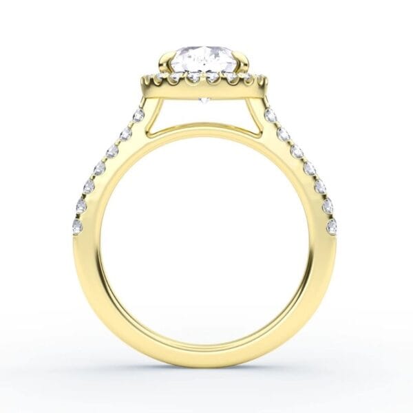 Modernus sužadėtuvių žiedas su deimantais ir halo juostele iš geltono aukso - pear cut