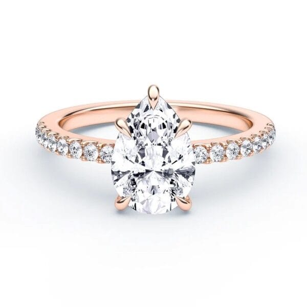 Modernus sužadėtuvių žiedas su deimantais iš raudono aukso - pear cut