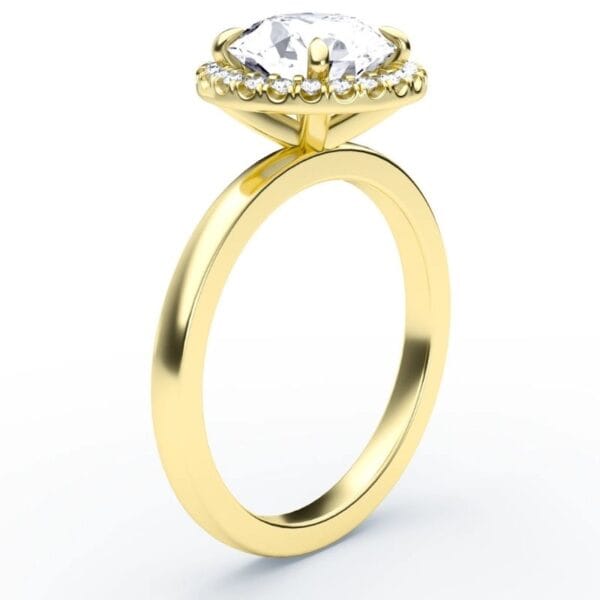 Klasikinis sužadėtuvių žiedas su deimantu ir halo juostele iš geltono aukso - round cut briliantas