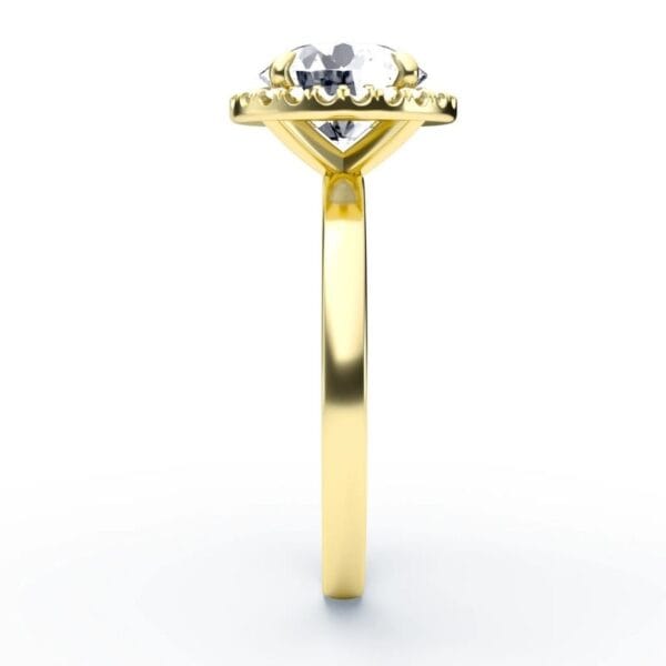 Klasikinis sužadėtuvių žiedas su deimantu ir halo juostele iš geltono aukso - round cut briliantas