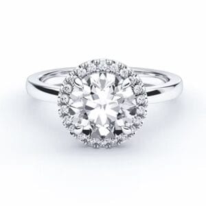 Klasikinis sužadėtuvių žiedas su deimantu ir halo juostele iš balto aukso arba platinos - round cut briliantas