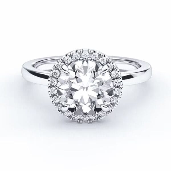 Klasikinis sužadėtuvių žiedas su deimantu ir halo juostele iš balto aukso arba platinos - round cut briliantas