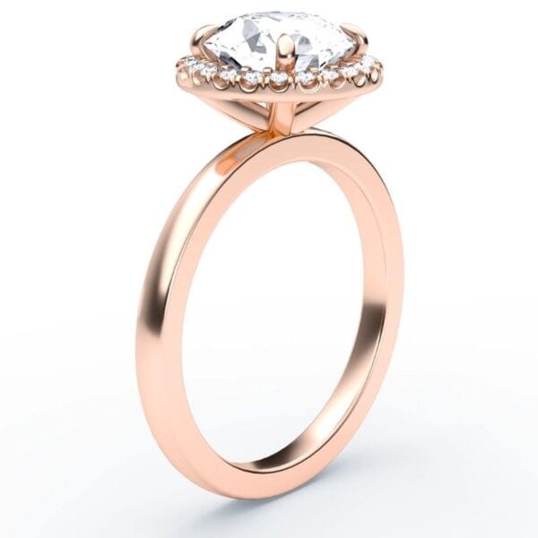 Klasikinis sužadėtuvių žiedas su deimantu ir halo juostele iš raudono aukso - round cut briliantas
