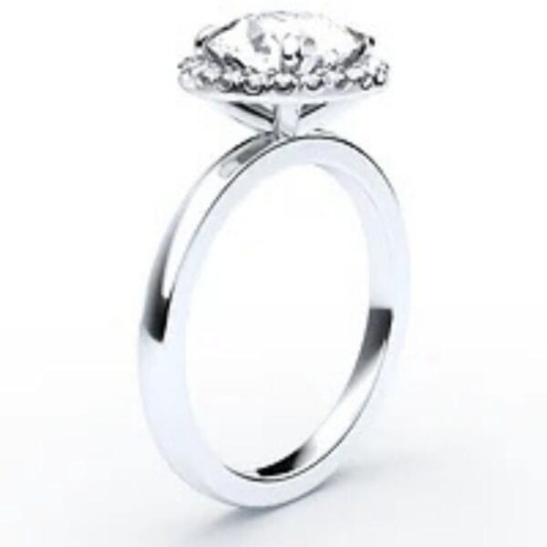 Klasikinis sužadėtuvių žiedas su deimantu ir halo juostele iš balto aukso arba platinos - round cut briliantas