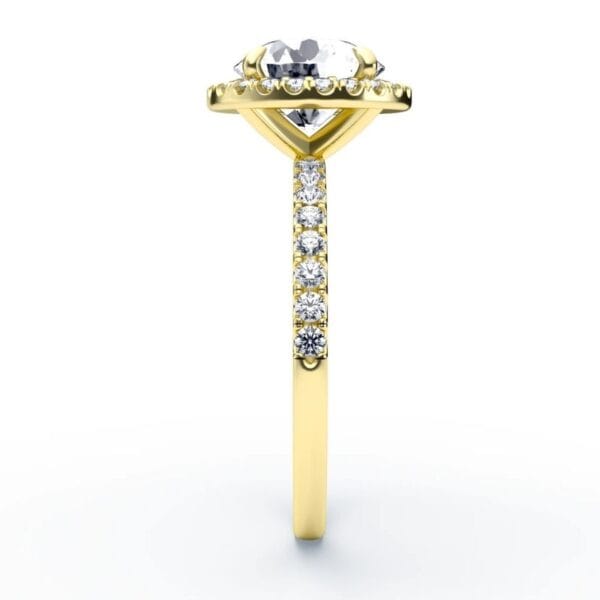 Modernus sužadėtuvių žiedas su deimantu ir halo juostele iš geltono aukso - round cut briliantas