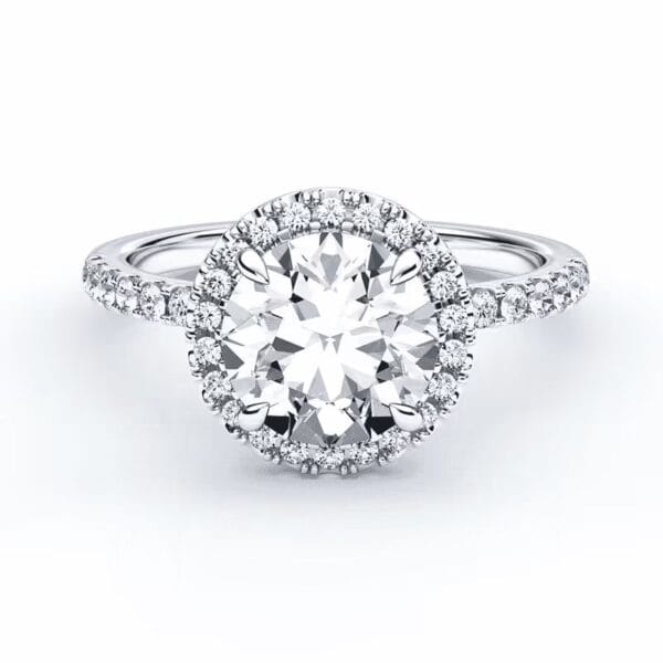 Modernus sužadėtuvių žiedas su deimantu ir halo juostele iš balto aukso arba platinos - round cut briliantas