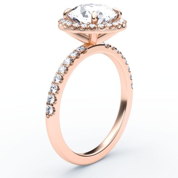 Modernus sužadėtuvių žiedas su deimantu ir halo juostele iš raudono aukso - round cut briliantas