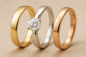 Skirtingų spalvų aukso žiedai – geltonas, baltas ir raudonas auksas | TopDiamonds.online