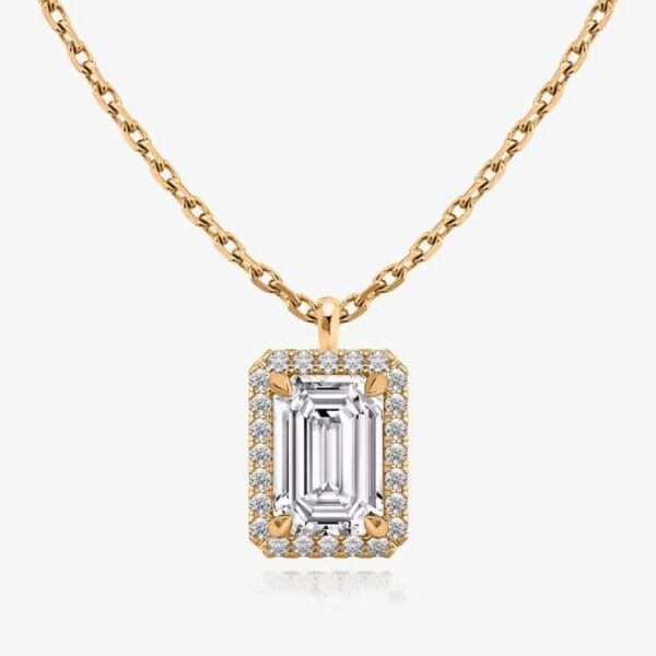 Pakabukas su stačiakampio formos deimantu ir Halo juostele iš raudono aukso