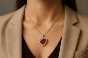 stilingos moters kaklas su sirdies formos halo pakabuku, kuriame centrinis Pigeon Blood rubinas apsuptas švytinčių deimantų
